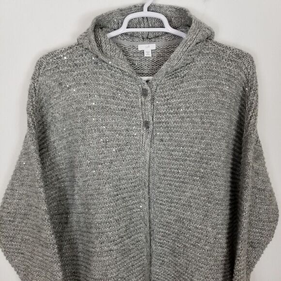 J.Jill  Women Long Hooded Zinc Multi Sequined Cardigan Sz L Gray Sweater - Picture 2 of 10